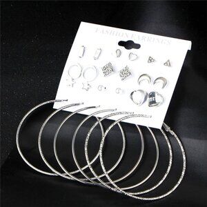 🌸12 Pair Silver Plated Geometric Crystal Stud Earring Set Mix for Women, F272